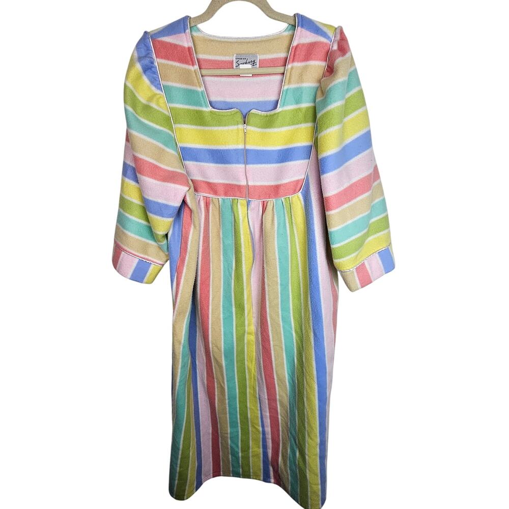 Vintage Fleece Rainbow Striped House Dress Sz L Muumuu Styled by Saybury Retro